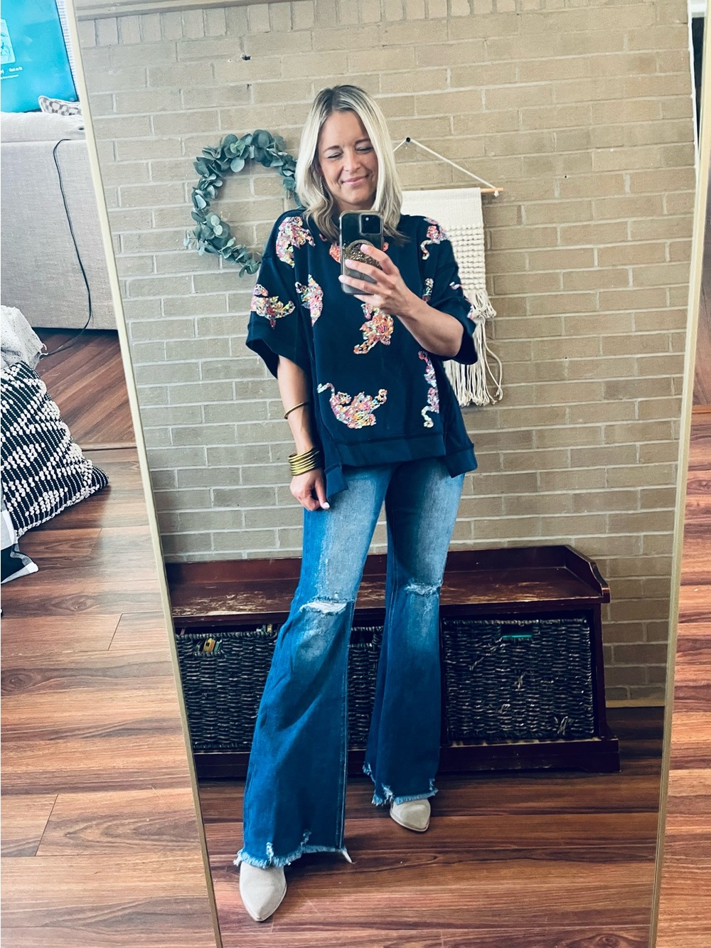 Fantastic Fawn Navy Short Sleeve Tee with Multicolor Sequin Tigers